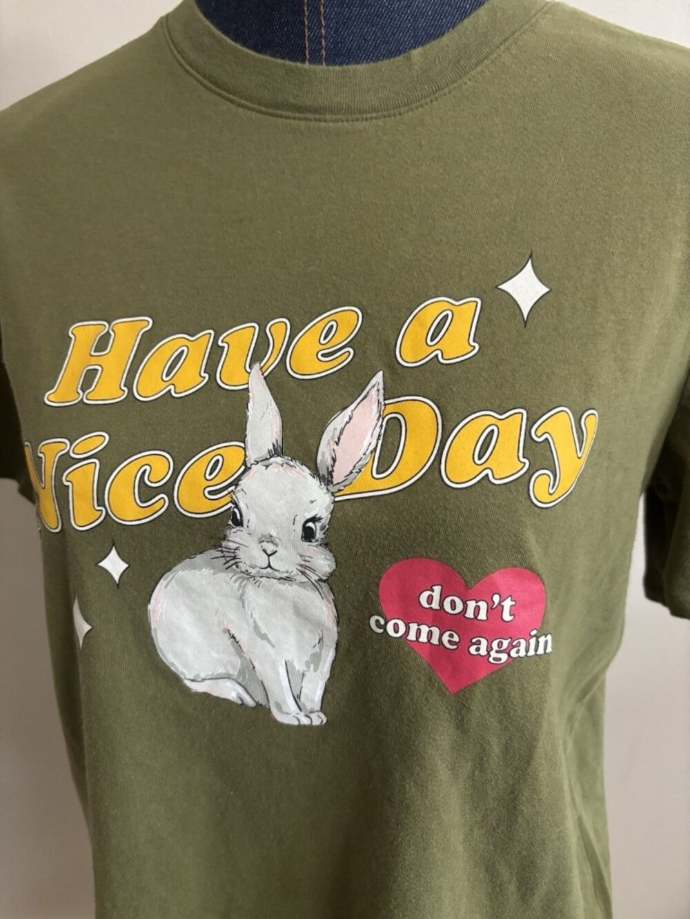 Olive Green Cotton Rabbit Graphic Women's T-Shirt Tee Shirt Top Bunny Funny Med - Picture 2 of 8